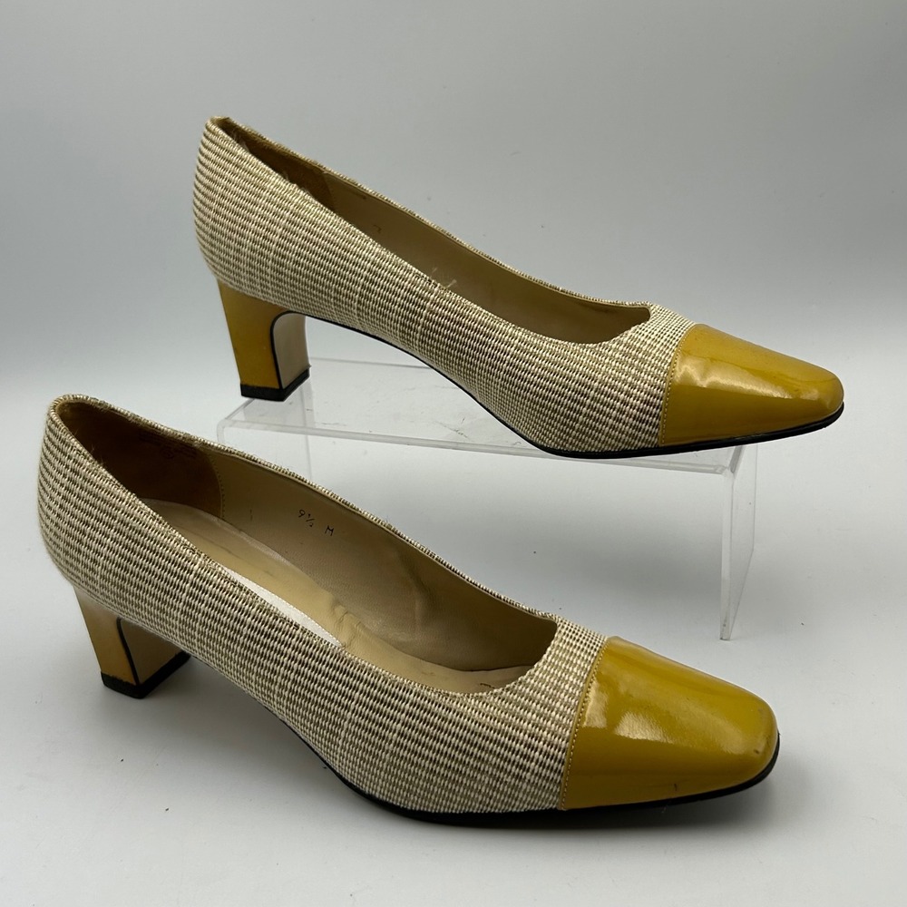 Etienne Aigner Strada Vintage Spain Mustard Patent Leather Cap Toe Woven Pumps